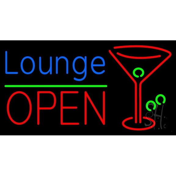Lounge With Martini Glass Open 1 LED Neon Sign 20 x 37 - inches, Clear Edge Cut Acrylic Backing, with Dimmer - Bright and Premium built indoor LED Neon Sign for Bar decor.