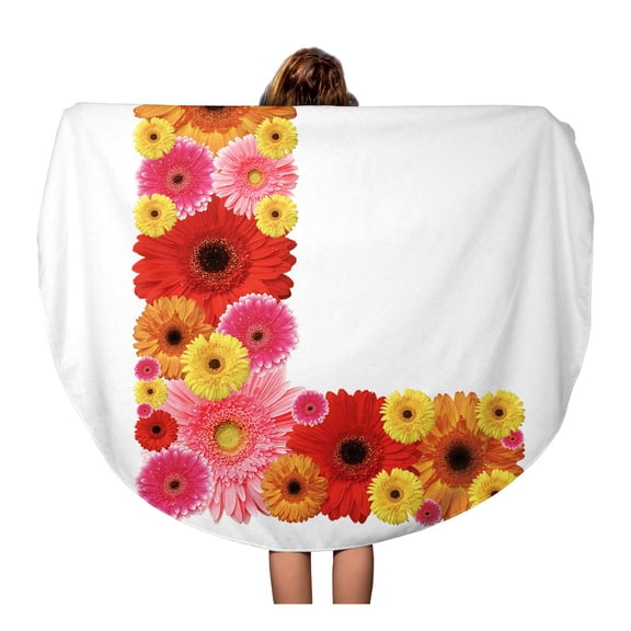 SIDONKU 60 inch Round Beach Towel Blanket Pink Daisy L Flower Alphabet White Red Gerber Big Travel Circle Circular Towels Mat Tapestry Beach Throw