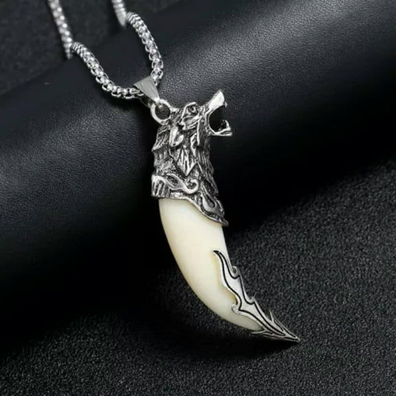 K-KED Men's Fashion Delicate Jewelry Silver Viking Wolf Ivory Pendant Necklace