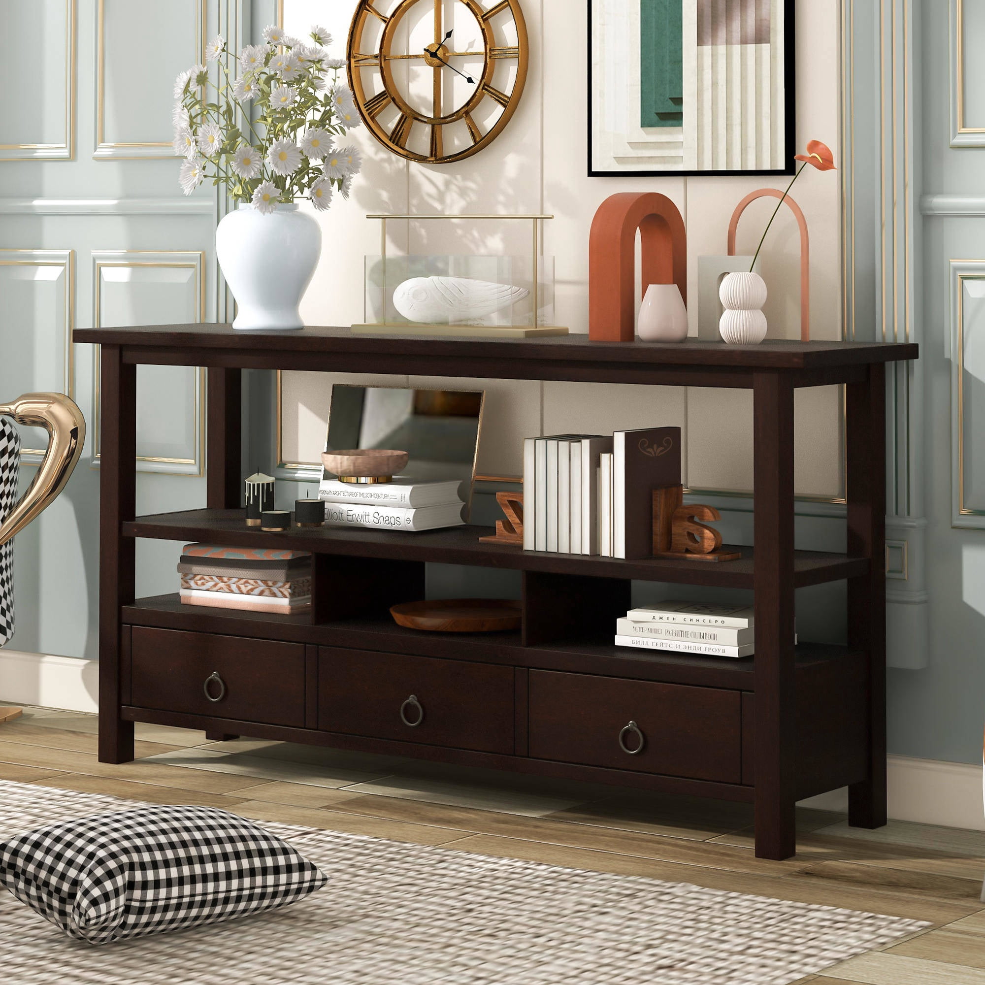 Rustic Console Sofa Table with Double-Storey Tabletop, Solid Wood ...