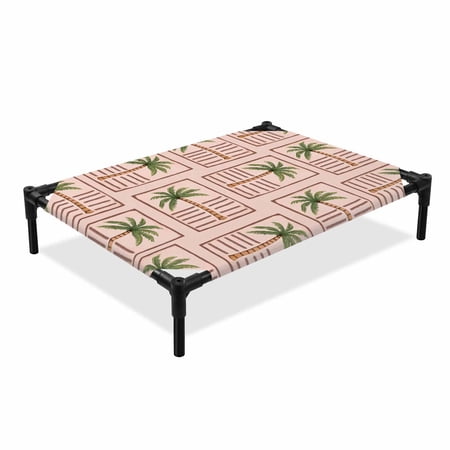 Summer Patterned Palm Trees Elevated Dog Bed Vintage Retro Pink Tropical Grid Arrangement Cooling Breathable Outdoor Raised Dog Cot Bed with Metal Frame Non-Slip Feet for Medium Dog 24x20in