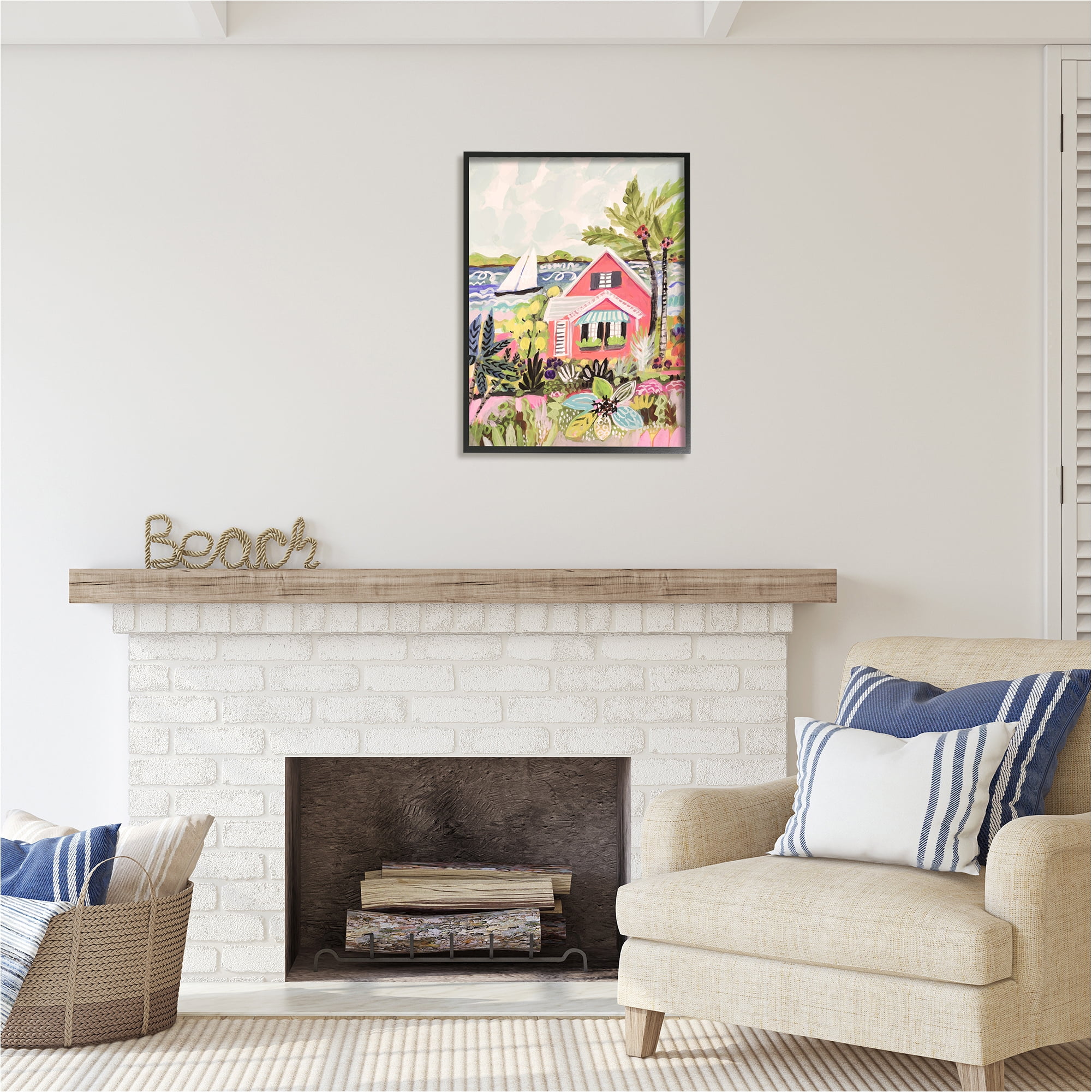 Stupell Industries Tropical Cottage Scenery Landscape Painting Black Framed Art Print Wall Art, 24 x 30