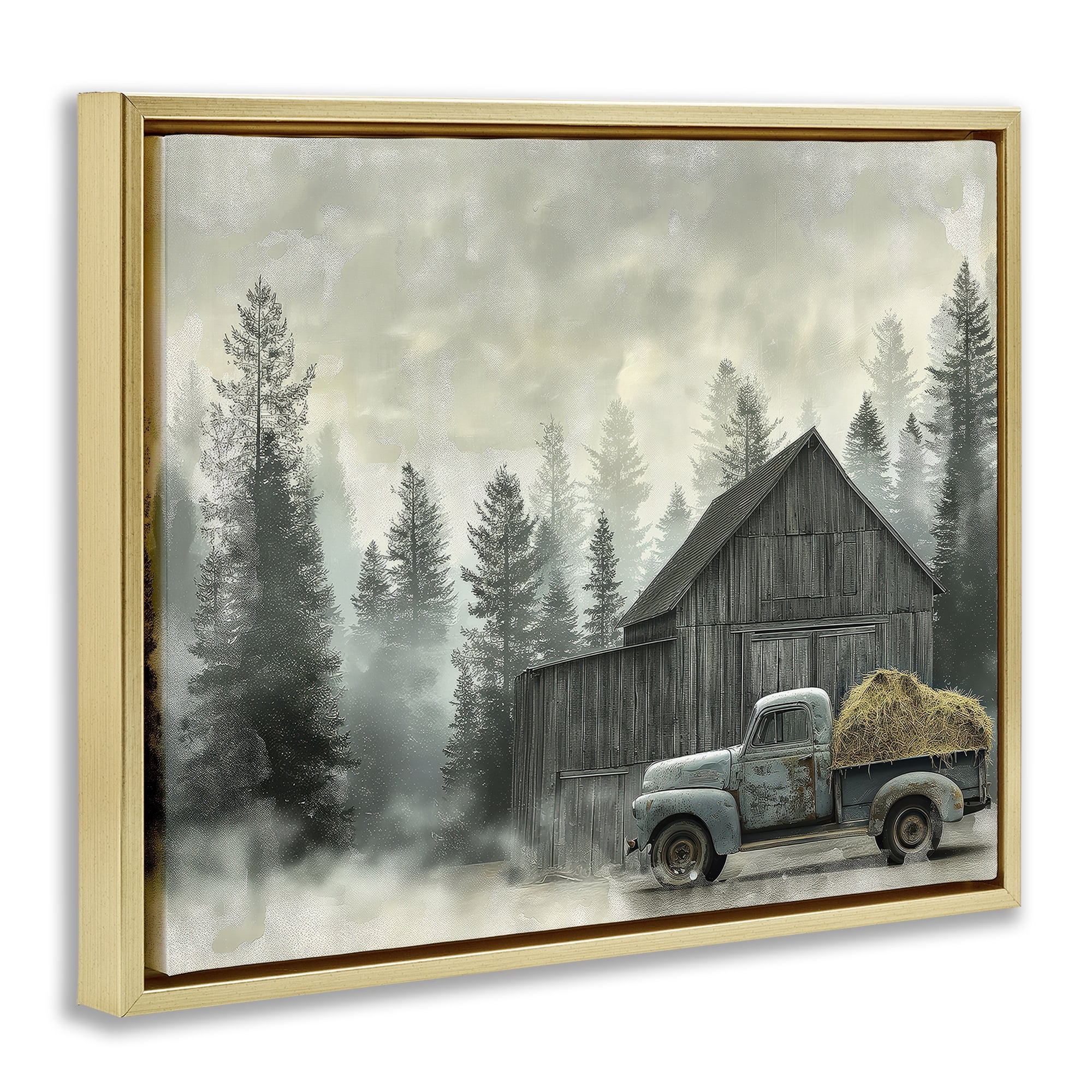 Stupell Industries Vintage Pickup at Misty Barn Gold Framed Floater Canvas Wall Art, design by Imagine It Images