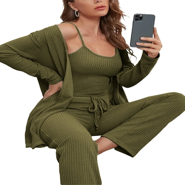 Women‘s 3 Piece Lounge Set Pajama Set Sweatsuits Open Front Cardigan Tank Tops Wide Legs Pants Outfits