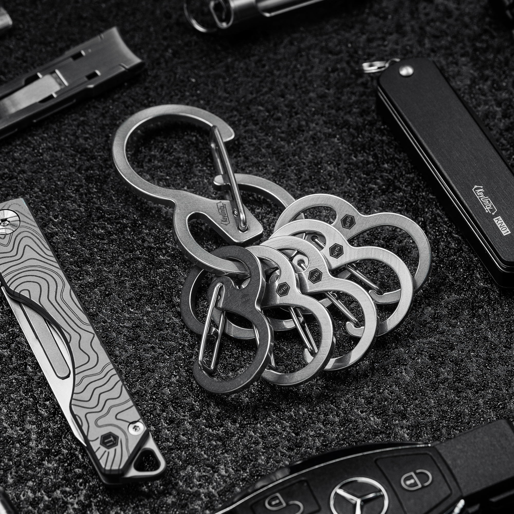 Key Unity 6pcs Stainless Steel Key Chain, KS04 Quick Released Backpack Clasp for Keys, Flashlight, Folding Knife and Whistles, Silver