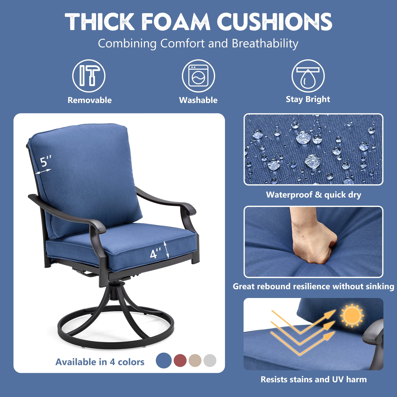 MELLCOM Patio Swivel Chair Set of 2, Heavy Duty Outdoor Dining Chairs with Thickened Cushions, Metal Patio Chairs Gentle Rocker for Outside, Garden Lawn & Porch, Backyard, Blue