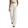 thumbnail image 2 of CQONEPT Womens Linen Pant Summer Wide Leg Cotton Pants Drawstring Elastic Waist Casual Loose Slacks Trousers with Pockets White 2XL, 2 of 6