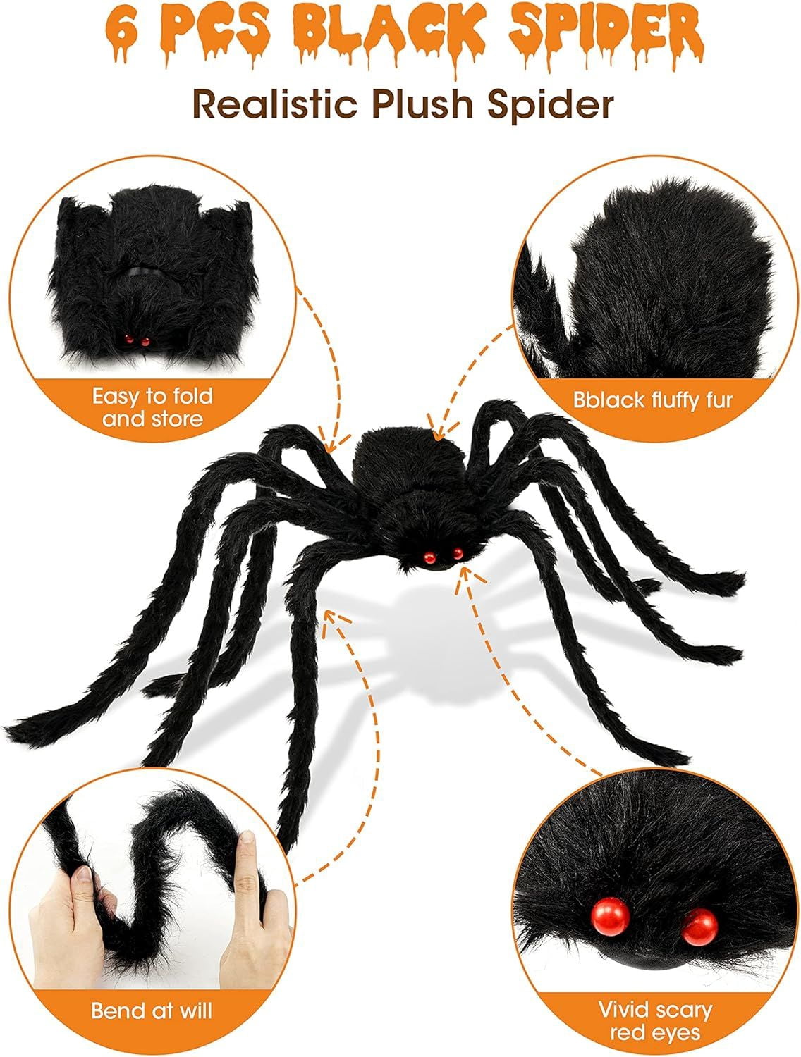 6 Pack Halloween Plush Spiders in Different Sizes for Outdoor and Indoor Decor