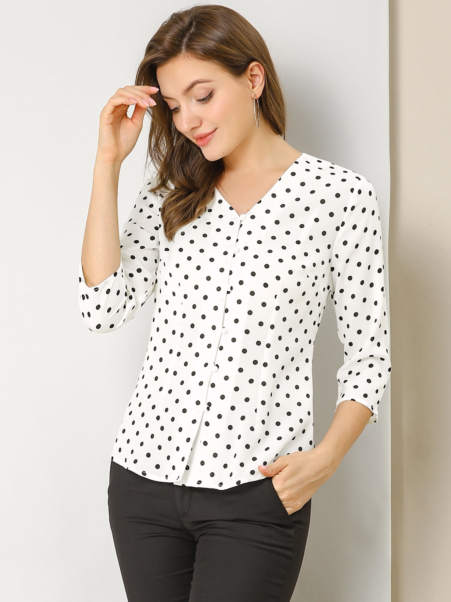 DARING DIVA Women's V Neck Polka Dots 3/4 Sleeve Casual Button Blouse XXL White