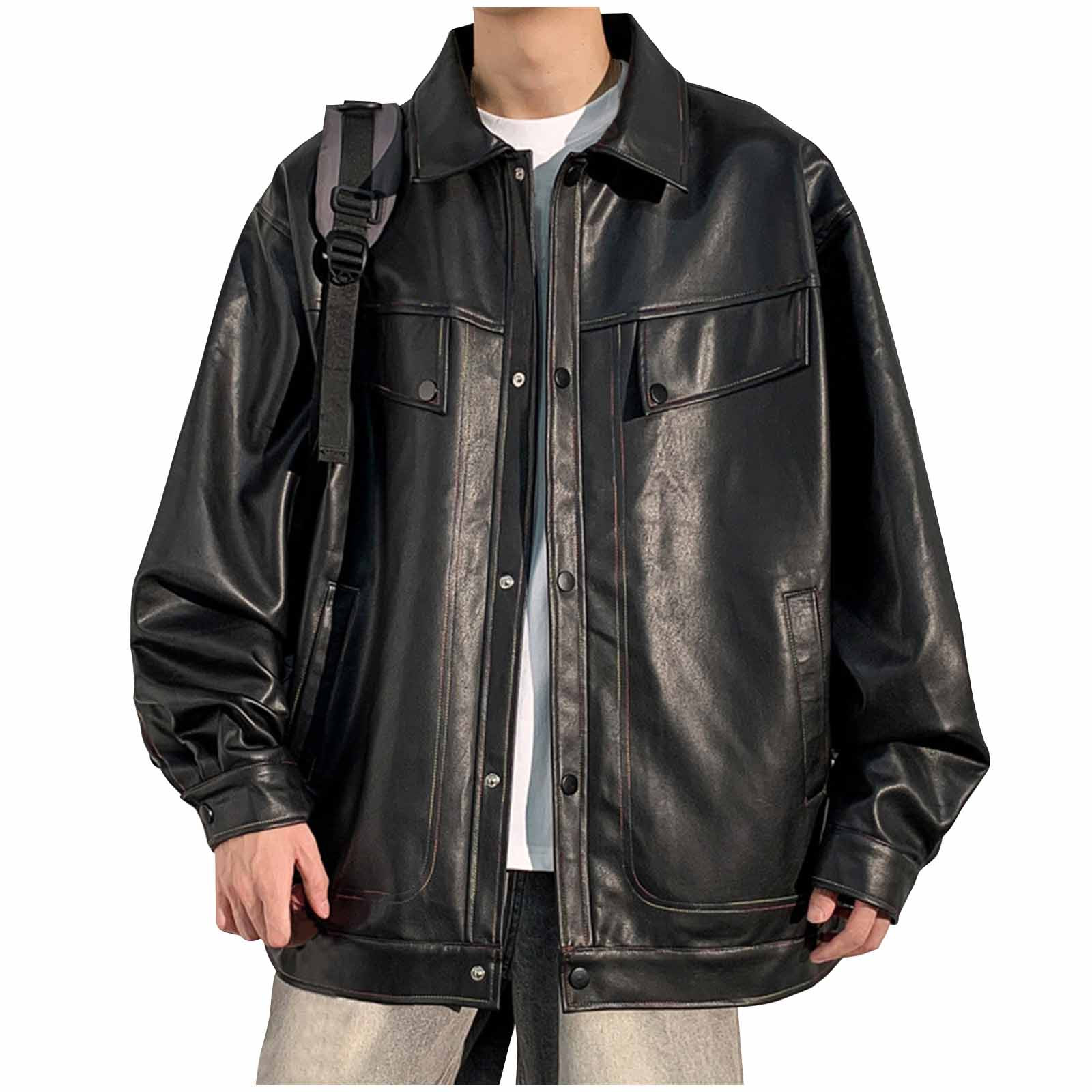 Maoxin Mens Leather Jacket Retro Men's Solid Color Snap Pocket Casual Loose Long Sleeved Hooded Leather Jacket Coat Jacket for men Black 3XL