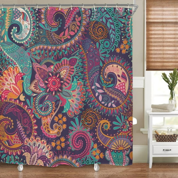 Boho Paisley Floral Shower Curtain Mandala Indian Bohemian Colorful Purple Flowers Bathroom Home Decor Set Fabric Waterproof Included 12 Plastic Shower Hooks 72Wx72H Inch