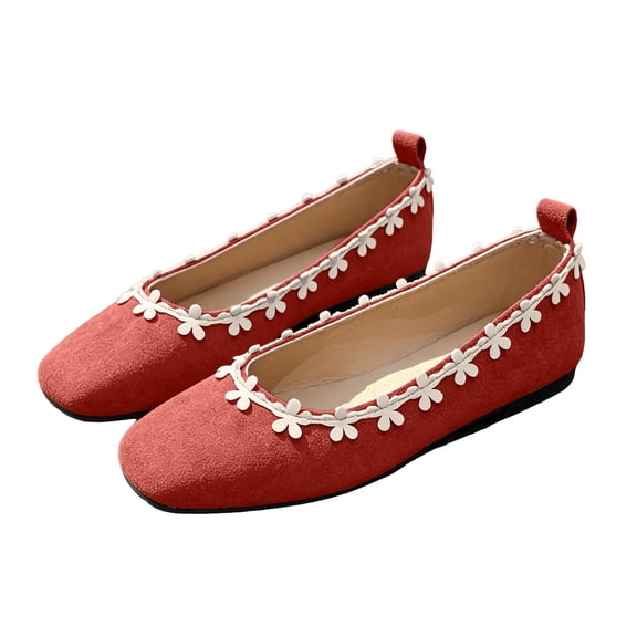 Wensltd Women Flat Shoes Casual Shoes Floral Trim Square Toe Daily Walking Shoes Red