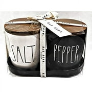 Rae Dunn by Magenta SALT & PEPPER Black &White Ceramic Cellars With Wood Lids and Ceramic Tray