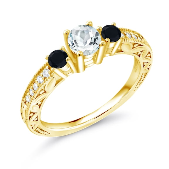Gem Stone King 0.83 Ct Round Sky Blue Aquamarine Black Onyx 18K Yellow Gold Plated Silver Ring (Size 6)