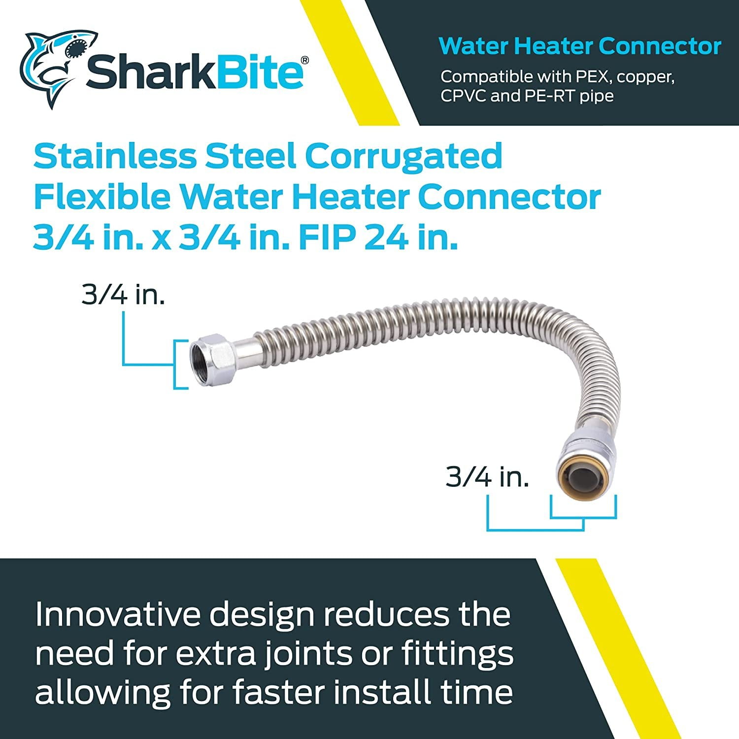 SharkBite Corrugated Flexible Water Heater Connector SS3088FLEX18LFA - 3/4 In x 3/4 In FIP x 24 In