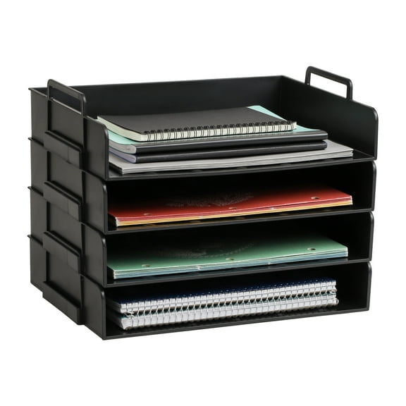 Mind Reader Stackable Paper Tray, Desktop Organizer, File Storage, Office, Plastic, 13.75"L x 10"W x 10.75"H, 4 Pcs., Black