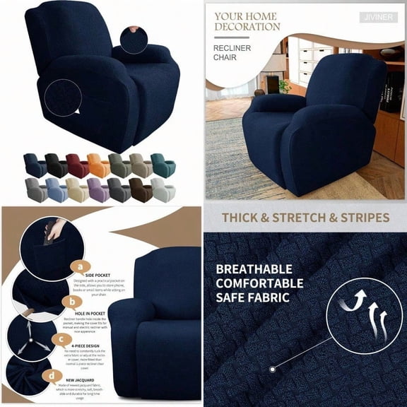 4-Piece Recliner Chair Covers Stretch Jacquard Covers for Reclining Chair Recliner Slipcovers for Living Room Soft Recliner Protector with Pocket Recliner Navy Blue