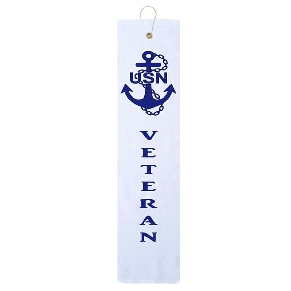 USN Anchor Veteran Navy White Tri-fold Golf Towel With Grommet & Hook Club Ball Tee Golfing Gift Birthday 15" x 18"