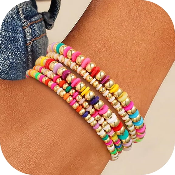 Turandoss 5Pcs 14K Gold Plated Beaded Bracelet for Teen Girls Gifts Cute Boho Colorful Stretch Bracelet Set Stack for Women Trendy Non Tarnisn Jewelry Gift for Her Womens Adjustable Strand Bracelet