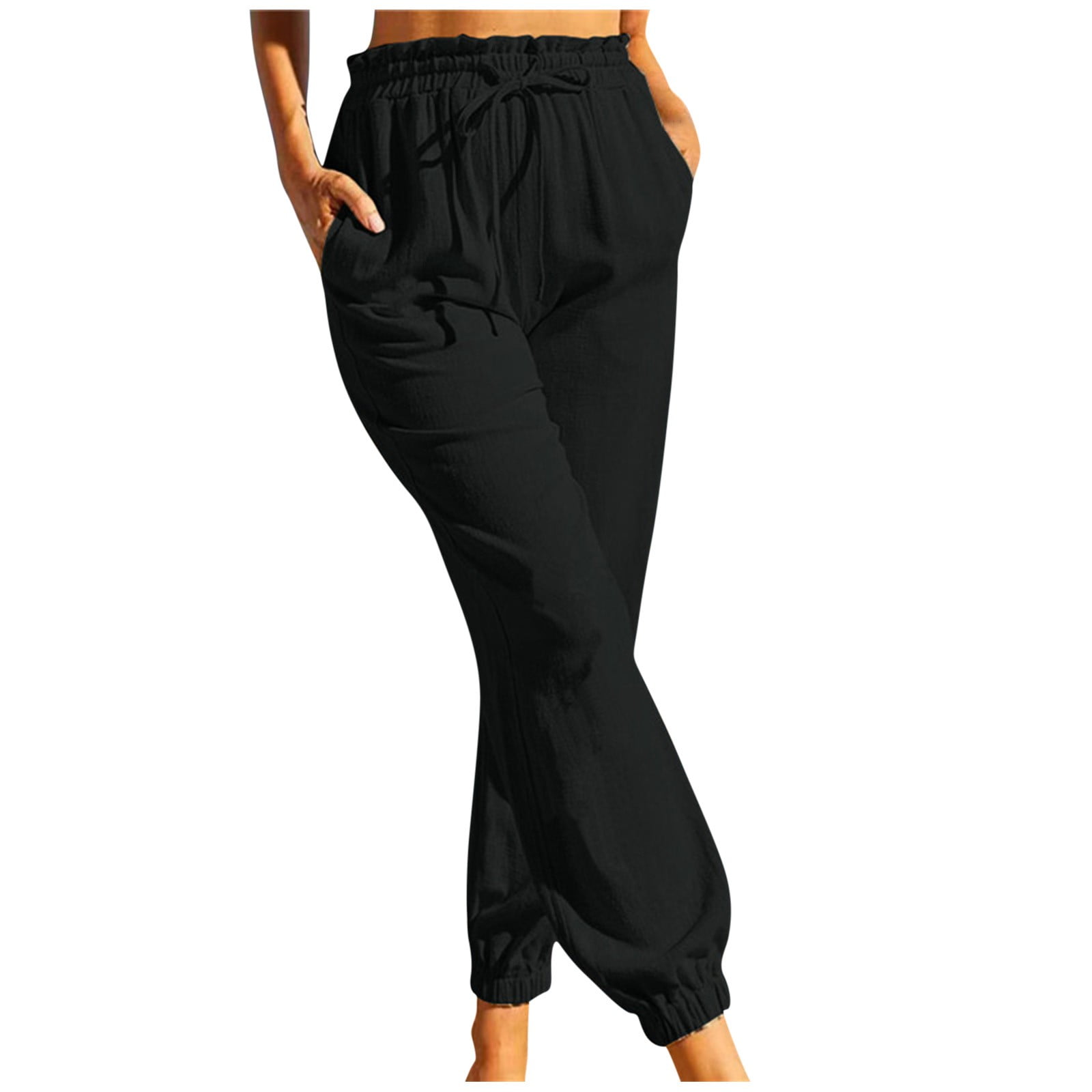 Airpow Clearance Jogger Pants Women's Fashion Casual Solid Color Elastic  Cotton And Linen Trousers Pants Black S 