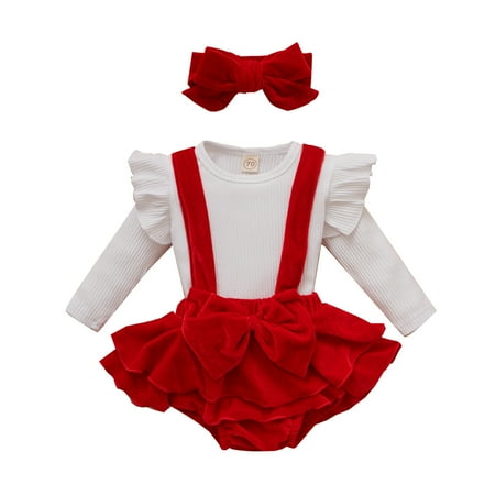 

ZMHEGW Infant Toddler Baby Girl Clothes Long Ruffled Sleeve Ribbed Blouse Tops Sweater Solid Bowknot Suspender Skirt With Headbands Set 6-9 Months