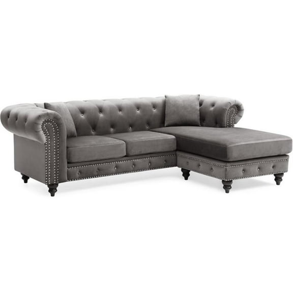 Maklaine Traditional Soft Velvet Sofa Chaise in Dark Gray Finish