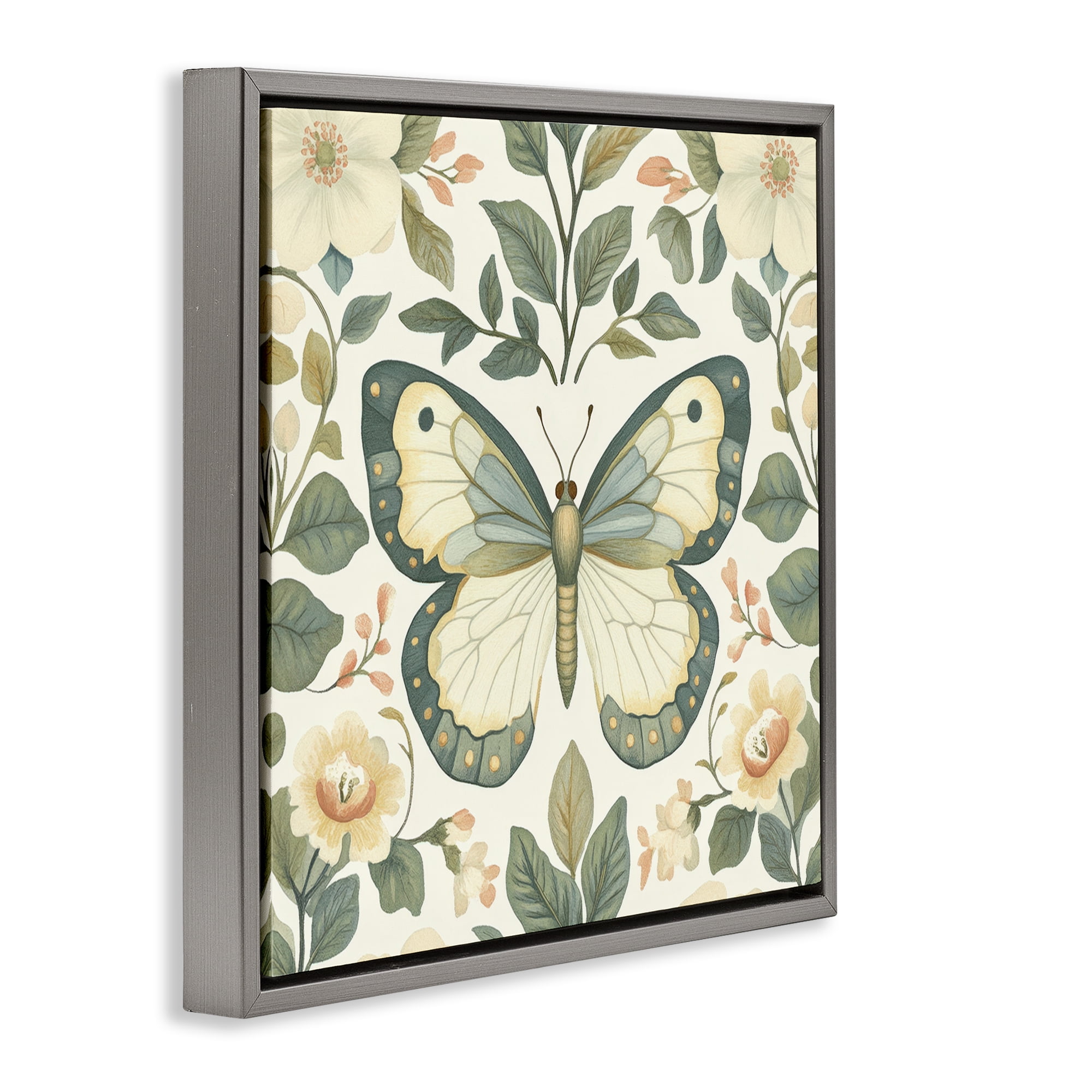 Stupell Industries Sage Butterfly and Florals Gray Framed Floater Canvas Wall Art, design by Petal Prints Design