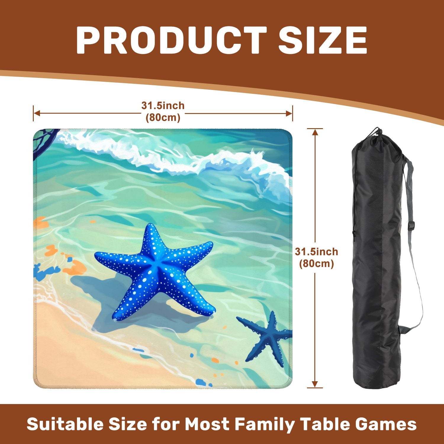 Mahjong Mat 31.5" x 31.5" Blue Starfish Tropical Shoreline Turquoise Waves Coastal Beach Non-Slip Noise Reduction American Mahjong Tiles Table Cover for Dominoes Poker Card Board Games Gift