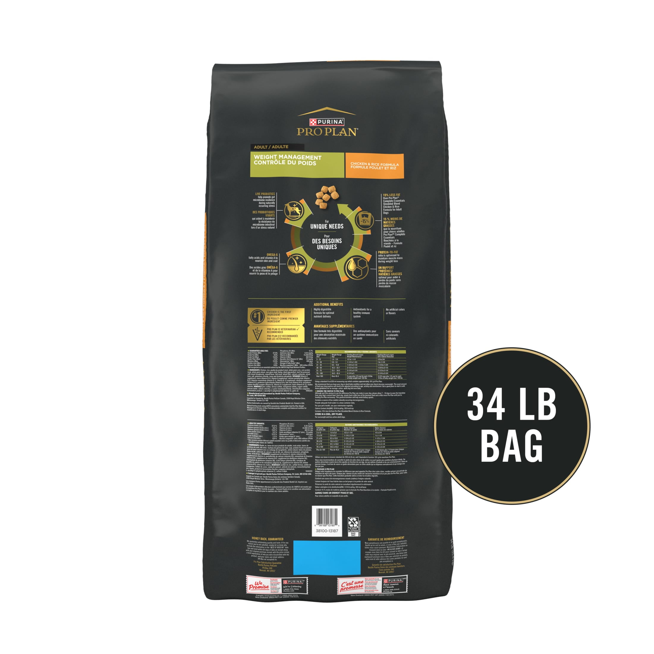 Purina Pro Plan Weight Management Dog Food Dry Formula Chicken and Rice Formula, 34 lb Bag