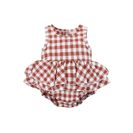 

Thaisu Baby Girls Summer Jumpsuit Cotton Plaid Print Design Sleeveless Design Ruffle Trim Bottom Snap Jumpsuit 0-18M