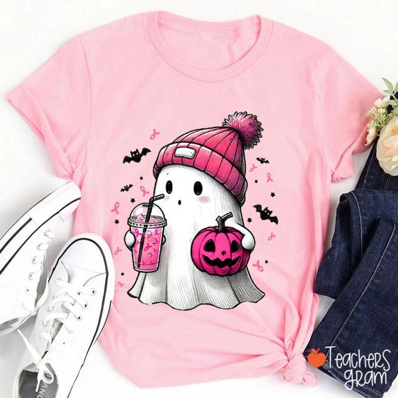 Ghost Breast Cancer Teacher T-Shirt, Pink Halloween Awareness Tee for Educators, Cute Boo Squad Shirt for October, Support Fight Top