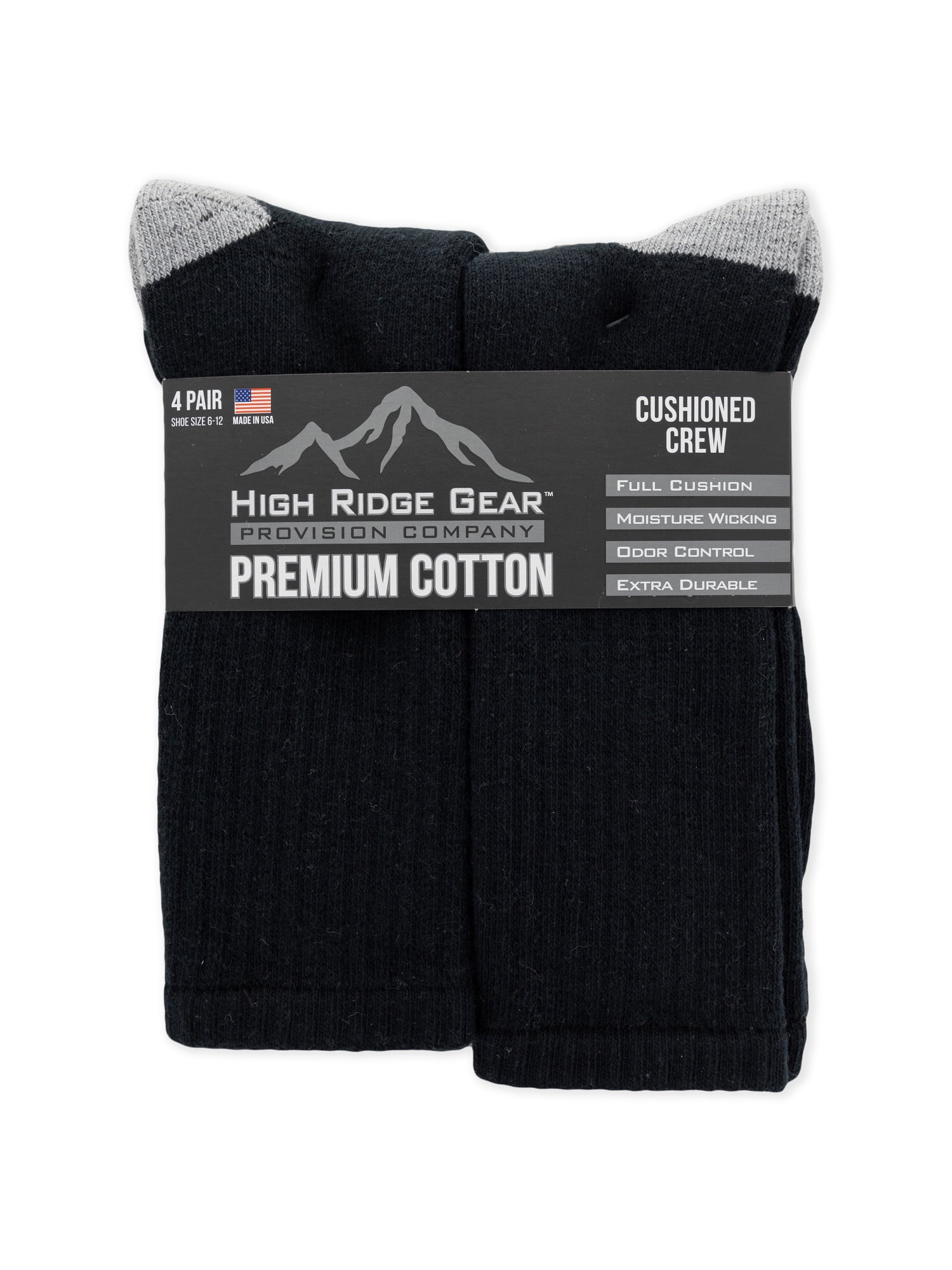 High Ridge Gear Men's Premium Cotton Crew Socks, 4 Pack