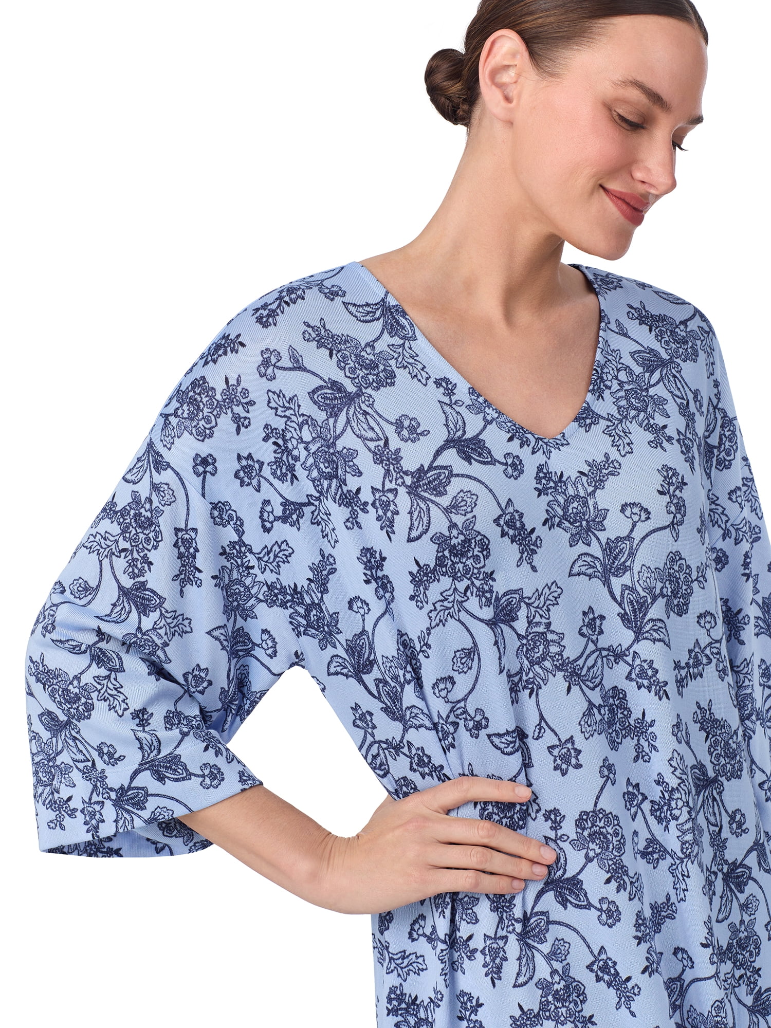 Aria Women's Sweater Knit 3/4 Sleeve V-Neck Lounger Nightgown with Pockets, Sizes XS to 5X