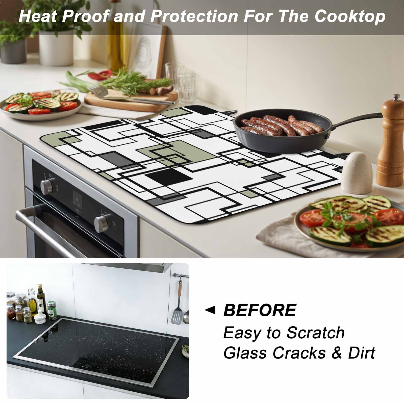 Sage Green Geometric Stove Top Cover for Electric Stove, Heat-proof & Non Slip Glass Top Stove Cover Protector, Simple Black Gray Abstract Striped Kitchen Flat Cooktop Rubber Mat 24x21 Inches