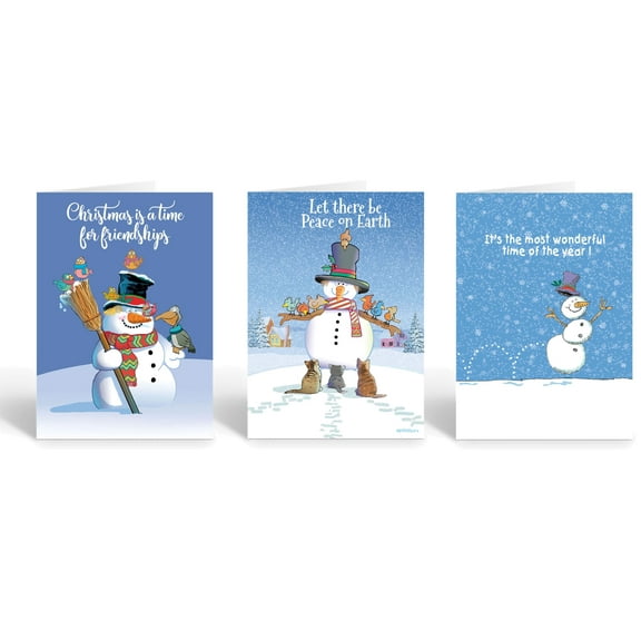 Stonehouse Collection Snowman Christmas Card Variety Pack – 12 Boxed Holiday Cards with Envelopes – 3 Whimsical Designs Featuring Friendly Birds and Festive Snowmen – Made in the USA