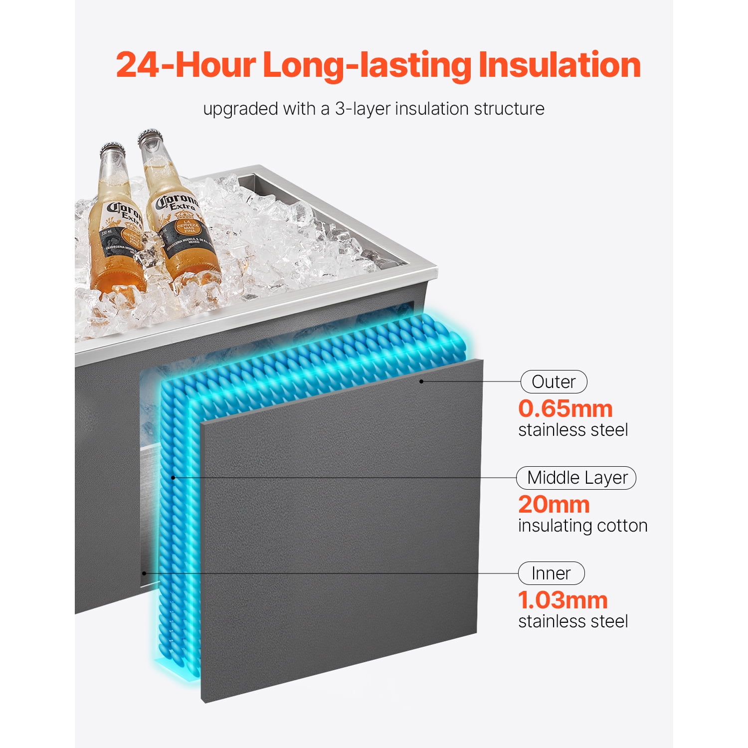 KFFKFF Stainless Steel Drop-In Ice Chest, 20"L x 14"W x 12"H, 31.7 Quart Cooler with Lid for Outdoor Kitchen or Bar, Includes Drain Pipe for Chilling Beverages
