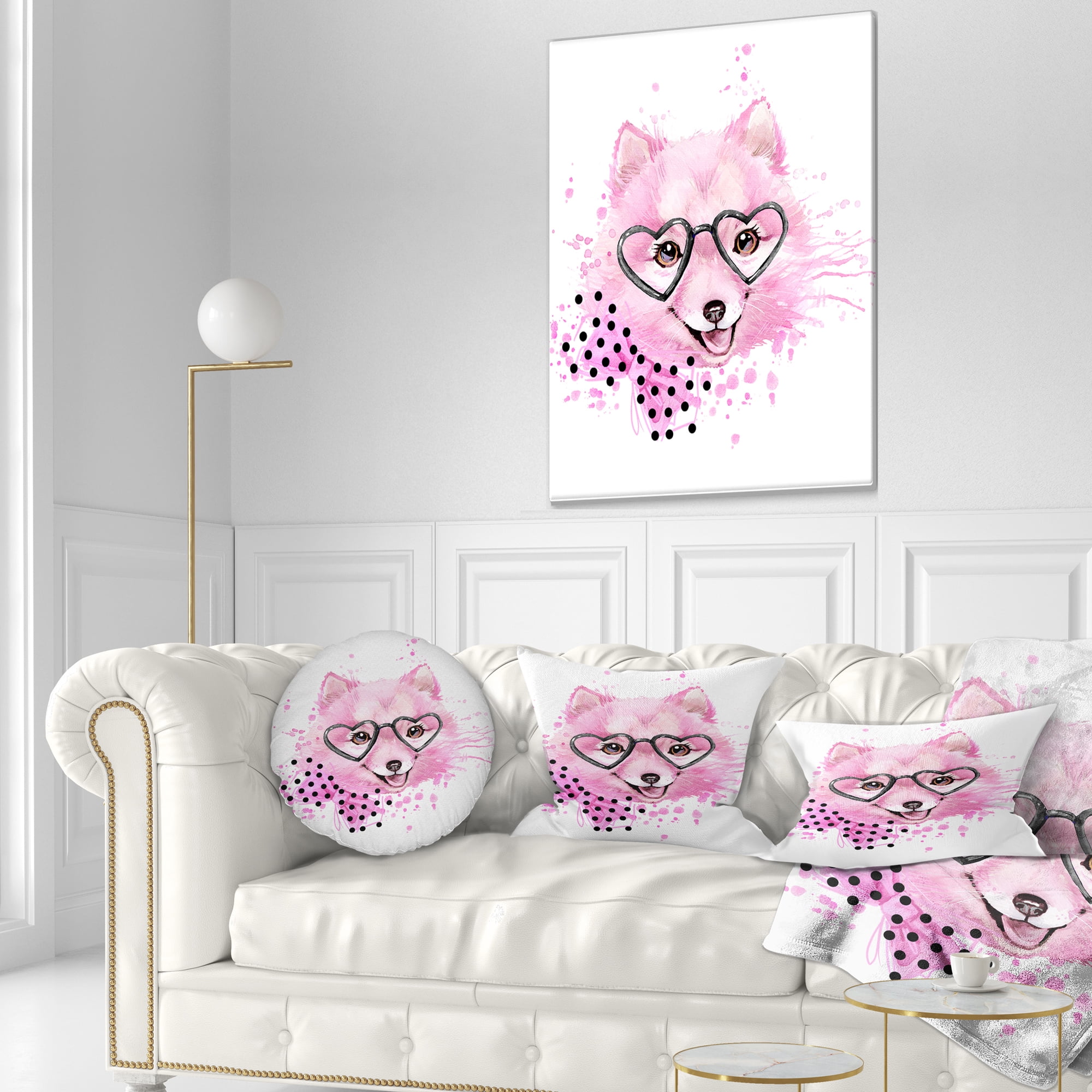 Designart Pink Dog with Heart Glasses - Contemporary Animal Throw Pillow - 12x20
