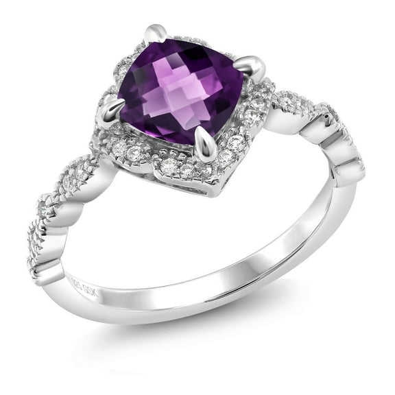 Gem Stone King 925 Sterling Silver Purple Amethyst and Moissanite Solitaire Ring for Women (1.44 Cttw, Cushion Checkerboard Cut 7MM, Gemstone, Available in Size 5, 6, 7, 8, 9)