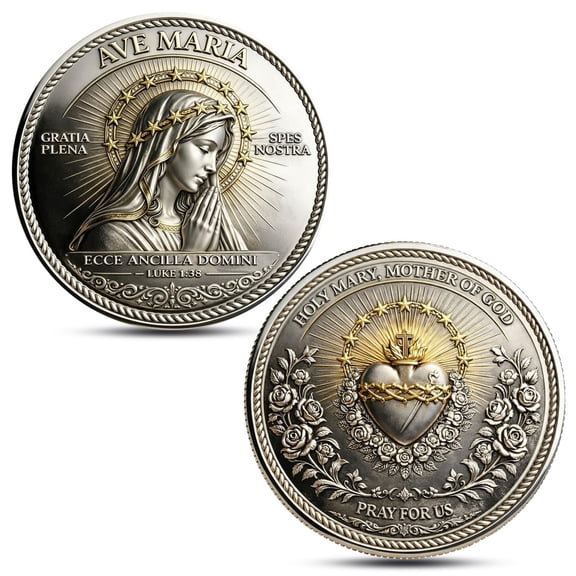 chaungfeng Sacred Devotion Commemorative Coin, Holy Mary Prayer Coin, Mother Mary Catholic Faith Coin with Sacred Heart & Latin Prayer Engraving, Religious Gift for Men & Women (1PCS)