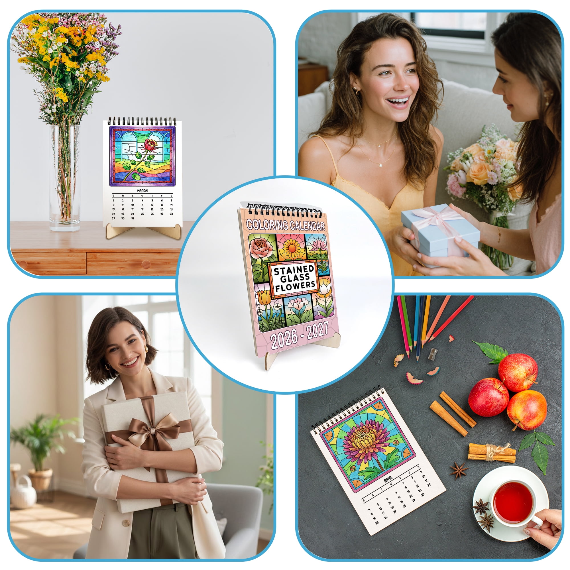 Stained Glass Flowers Coloring Desk Calendar 2026–2027, A5 Wooden Cover Planner with 26 Easy Coloring Pages for Adult Relaxation, 24 Month Desktop Calendar with Stand, Gift for Family & Friends