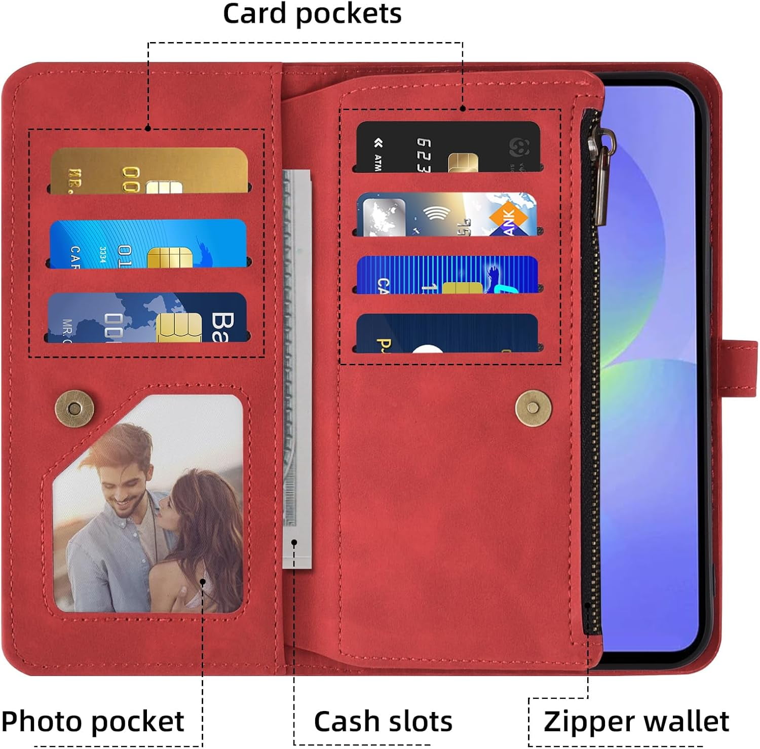 Asuwish Phone Case for Samsung Galaxy A36 5G Wallet Cover With Tempered Glass Screen Protector Crossbody Wrist Strap Flip Pattern Zipper Credit Card Holder Stand Cell A 36 36A LTE SM-A366U Women Red