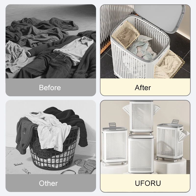 Laundry Hamper with Wheels and Built-in Side Baskets, Large Capacity Clothes Hamper Organizer with Ventilation, Mobile Storage for Bedroom Bathroom
