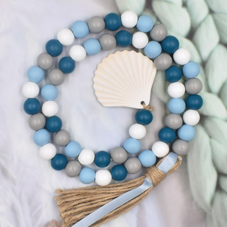 Blue gray wood bead garland with jute tassels, boho home decor