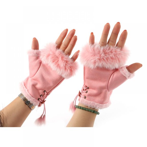 1Pairs Women Fur Fingerless Gloves Winter Half Finger Mittens for Women Girls Teen Working Writing