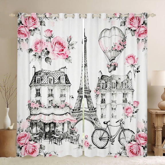 Castle Fairy Romantic Eiffel Tower Black Out Curtains for Boys Girls,Happy Valentine's Day Curtains Pack of 2 (42x63 Each),Chic Floral Flower Rose Bedroom Curtains,Luxury Bedroom Decor
