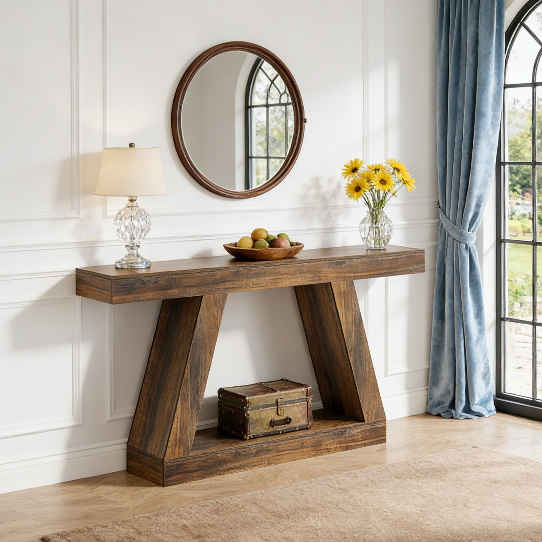 Fnova 55" Farmhouse Console Table, 2-Tier Storage Sofa Table, Long Wood Entryway Table for Hallway, Living Room, Easy Assembly