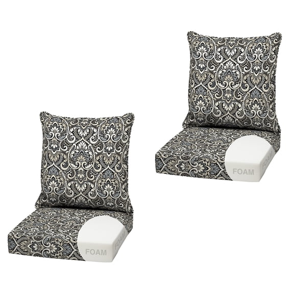 ARDEN Outdoor Foam Deep Seat Cushion, 2-Pack, 22x24, Premium High-Density Foam, Never Flattens, Weather-Proof for Patio Chair Sofa Couch, Black Aurora Damask