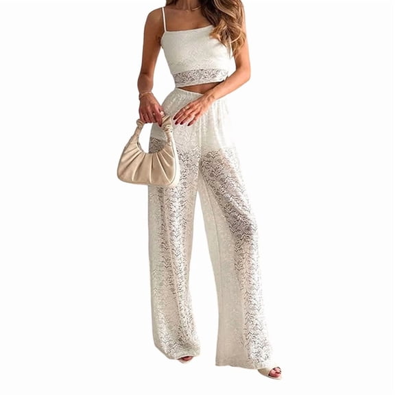 Women's 2 Piece Outfits Rave Lace Crop Camisole Tops and Pants Outfit Color S