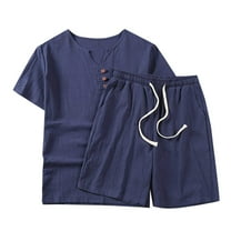 USNSM (M-5XL) Big and Tall Men's Cotton Linen Solid Color Casual Pocket Drawstring Shorts Buttoned Short Sleeve V-Neck Top Set Blue XXXL