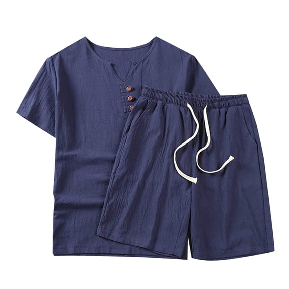 Paiyanr Cotton Linen Sets for Men Summer Breathable Tops Shorts 2 Piece Outfits Solid Color Casual Drawstring Shorts Button Short Sleeve V-Neck Blouses Sets with Pocket